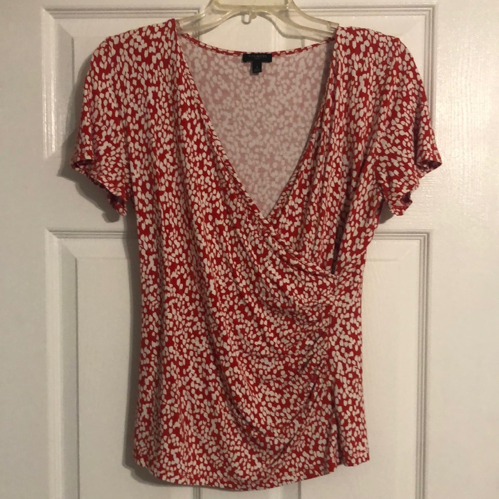 Talbots fitted wrap front blouse red and white print- Small and flattering waist